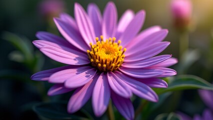Obraz premium A vibrant purple aster with slender petals surrounding a yellow center. The flower’s star-like shape contrasts beautifully with dark green leaves, glowing vividly in soft sunlight for an eye-catching 