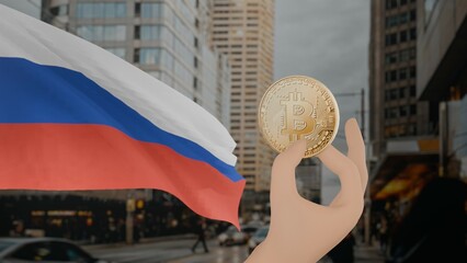 Golden bitcoin held by a hand with a waving Russia flag in the background against a modern urban cityscape