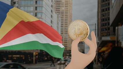 Golden bitcoin held by a hand with a waving Seychelles flag in the background against a modern...