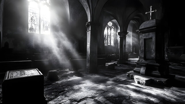 A hidden crypt beneath a decaying church. The faint glow of a candle reveals cryptic symbols on the stone walls, and a cold wind whispers through the tombs.A hidden crypt beneath a decaying church. Th