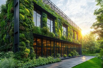 Fototapeta premium modern ecofriendly factory complex with living green walls and solar panels dramatic architectural angles morning light casting geometric shadows industrial photography