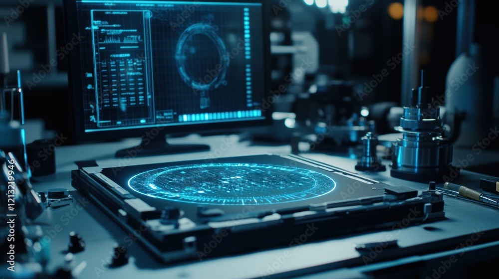 Poster futuristic laboratory showing hologram data analysis on a tablet and a computer screen with scientif