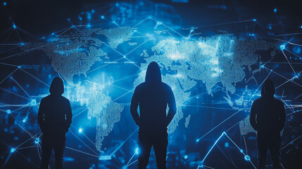 Obraz premium Hacker are planning to hack and attack networks and cyber security systems.team people innovation connection of line from nail node to node on map background , networking concept