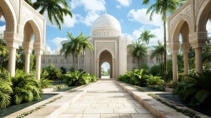 Fototapeta premium Oasis Mosque entrance, palm trees, sunny day.
