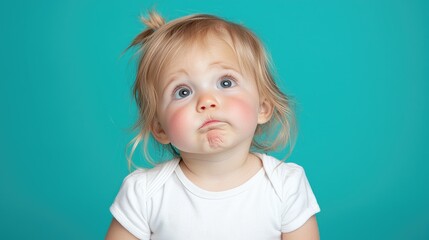 Naklejka premium Toddler girl thinking, teal background, studio portrait, child development