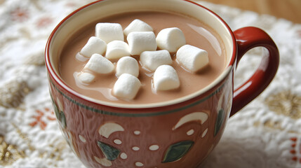 A hot cup of creamy hot chocolate topped with marshmallows, served in a festive mug during wintertime.