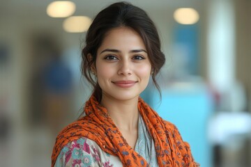 Obraz premium modern female medical professional in traditional indian attire confident pose in hospital setting warm lighting genuine smile celebrating motherhood and career
