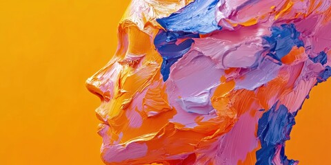 Fototapeta premium Vibrant Abstract Portrait: A colorful representation of a profile using bold strokes of orange, pink, and blue on an orange background, ideal for artistic projects.