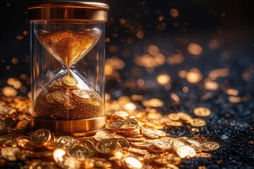 modern financial concept featuring crystalline hourglass with golden coins cascading through translucent chambers symbolic lighting