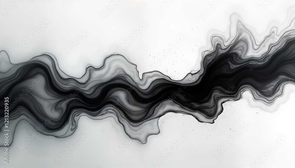 Leinwandbilder Abstract ink design on water surface. Flowing black ink creates dynamic swirls, waves. Fluid black ink moves across white background. Creative artistic abstract pattern. Generative AI art. Ideal for