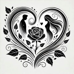 Fototapeta premium Romantic Couple Silhouette Heart Design Black Rose Elegant Floral Swirl Pattern Vector Illustration Graphic Art ink love white 