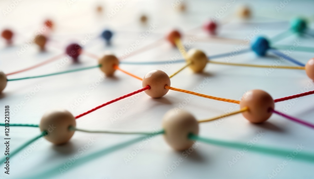 Poster Abstract illustration of network connection concept. Colorful strings connect light beige wooden beads on white background. Visualizes interconnections, connections between elements. Design