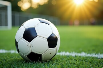 Fototapeta premium Close-Up of a Traditional Soccer Ball on Lush Green Grass with a Beautiful Sunset in the Background, Perfect for Sports or Recreation Themes