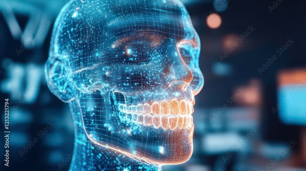 Poster digital human head model with glowing particles, showcasing teeth and skull structure.