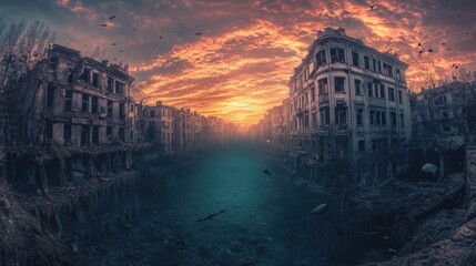 Dramatic and apocalyptic cityscape with collapsed and crumbling buildings reflected in a moody reflective canal at sunset The gloomy dystopian scene creates a surreal