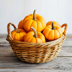 Small orange pumpkins in a woven basket. Autumn harvest, fall colors, rustic setting.