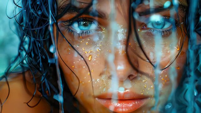 A beautiful pensive woman looks out the window at night during the rain and drops flow down the glass. Face of a sad girl close-up