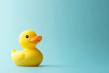 A Single Yellow Rubber Duck on a Light Blue Background Minimalist Bathing Toy Photography