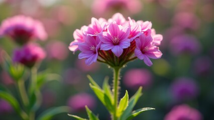 Fototapeta premium A vibrant verbena flower with small, ruffled petals in pink, purple, and white clusters. The flower’s lively colors glow in soft sunlight, creating a cheerful and textured floral display.