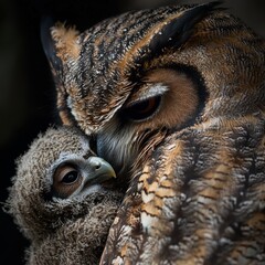 Macro portrait of an owl with its baby in a sense of care and love. Owl with baby in the concept of motherly love.