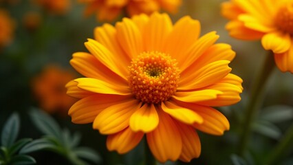 Fototapeta premium A vibrant orange calendula with textured, round petals radiating outward. The central yellow stamens contrast with the bold petals, creating a lively and cheerful floral glow in soft sunlight.