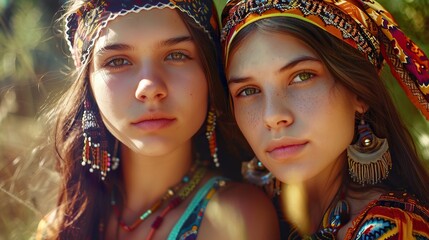 Obraz premium Bohemian Rhapsody: Two Young Women Embrace Their Free-Spirited Style