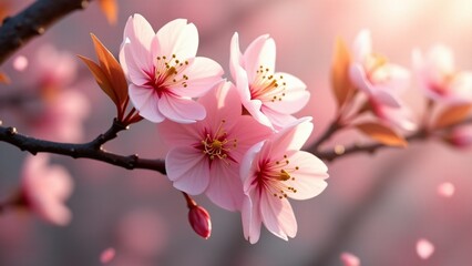 Obraz premium Delicate pink sakura flowers with soft petals gently falling from the branches. Their translucent petals glow in the sunlight, creating a serene and peaceful atmosphere beneath the blooming tree.