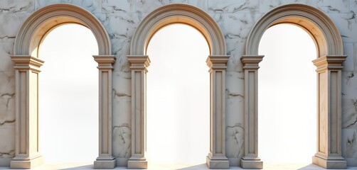 Naklejka premium Antique style white marble arches form classic facade. Empty space between columns. Classic design with three arched openings. Elegant, timeless architecture. Suitable for products, banners,
