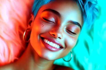 Obraz premium Commercial digital ads visual idea. Short haircut - blue hair. Pretty smiling mixed-race girl - for ads, ad page and digital marketing use. African model trends. African american glam ads.