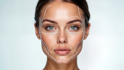 Close-up view of woman face. Graphic lines highlight cosmetic enhancement areas. AI generated image suggests beauty procedure. Potential for skincare, plastic surgery, aesthetic consultation. Woman