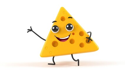 A cheerful cartoon cheese wedge waves hello