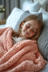 Close-up of a sleeping child with a gentle smile, wrapped in cozy blankets. A peaceful and heartwarming moment capturing the innocence of childhood rest.