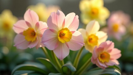 Obraz premium A primula flower with soft pastel petals in lavender, yellow, and pink. The delicate petals glow in the sunlight, creating a peaceful spring atmosphere with their gentle radiance and vibrant centers.