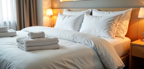 Luxurious hotel room bed with fresh white linens. Clean white sheets, duvet cover neatly arranged. Folded towels placed on top. Room warm lighting. Hotel bedding neatly made ready for guest. Hotel