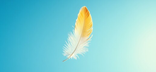 Yellow feather floats, blue sky backdrop, airy lightness, design element