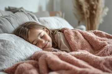 Obraz premium Close-up of a sleeping child with a gentle smile, wrapped in cozy blankets. A peaceful and heartwarming moment capturing the innocence of childhood rest.