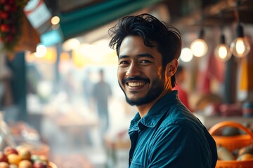 Fototapeta premium Man browsing fresh vegetables in grocery store