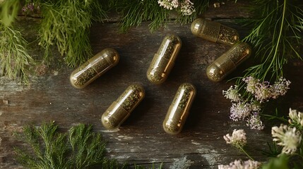 Herbal capsules filled with organic herbs and flowers on rustic wooden table top view