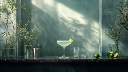 ATMOSPHAIRIC MINIMAL COCTAIL scene showcasing a cocktail glass filled with a layered, colourful drink. The glass is adorned with a slice of lime, a sprig of mint.
