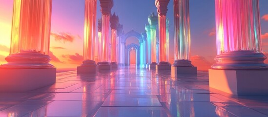Surreal and futuristic digital artwork depicting a grand ornate palace interior with soaring columns arched hallways and intricate architectural details  The space is illuminated by a vibrant