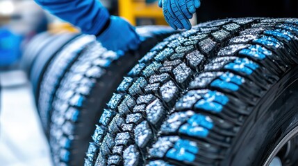 Close-up of Mechanic Inspecting Tread Patterns on New Tire with Winter Tread Design in Workshop Setting