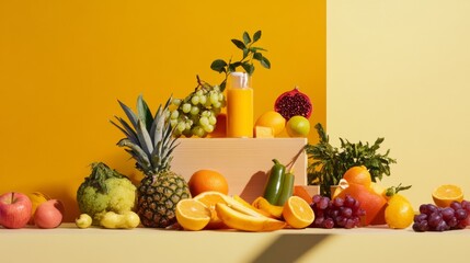 Colorful fruit arrangement on tiered display