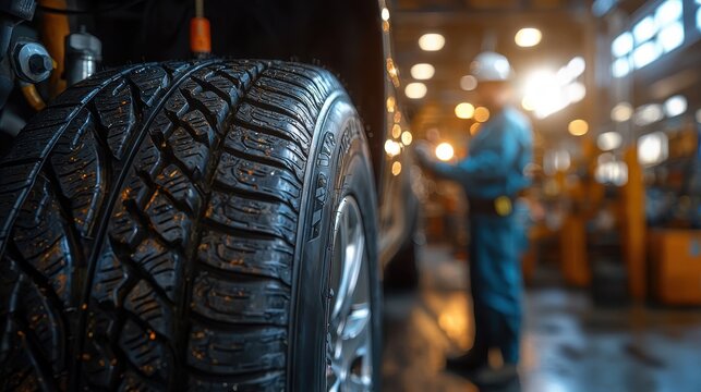 Focus on Tire Tread with Blurred Mechanic in Workshop Environment on Sunny Day
