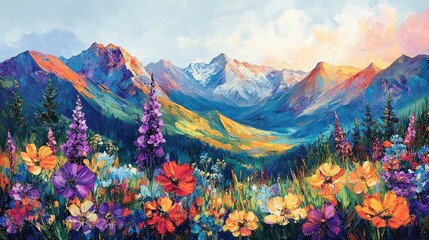 Breathtaking panoramic view of a majestic mountain range with towering peaks and a lush vibrant floral meadow in the foreground creating a serene and enchanting natural scene during the summer season