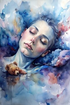 Watercolor _ a woman with a dimple on her chin, 20-35 years old, sleeps with a teddy bear from her childhood, this bear may be imaginary - just a symbol of security from childhood, living in her heart