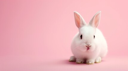 White rabbit pick up on a light pink background