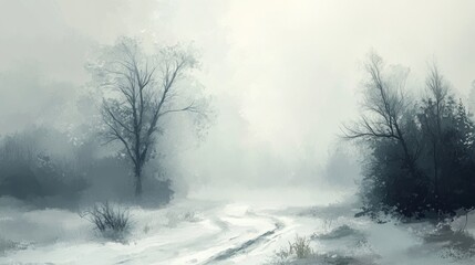 Obraz premium Snowy path, foggy forest, winter landscape, serene mood, background art