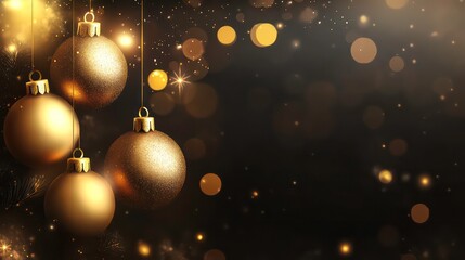 Fototapeta premium Elegant gold Christmas baubles hanging against a dark, bokeh background.