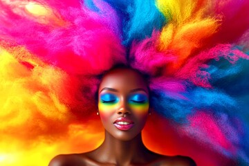 Commercial promotion concept. Short haircut - multicolored hair. Lovely happy black girl - for ads, brochure and social apps use. Short hair trends. Artistic black beauty. Colored hair trends.