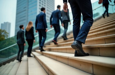 Business people climb modern city stairs. Close-up legs climbing up steps. Career growth, advancement symbolised by upward movement. Improvement in skills, salary increase. Urban business